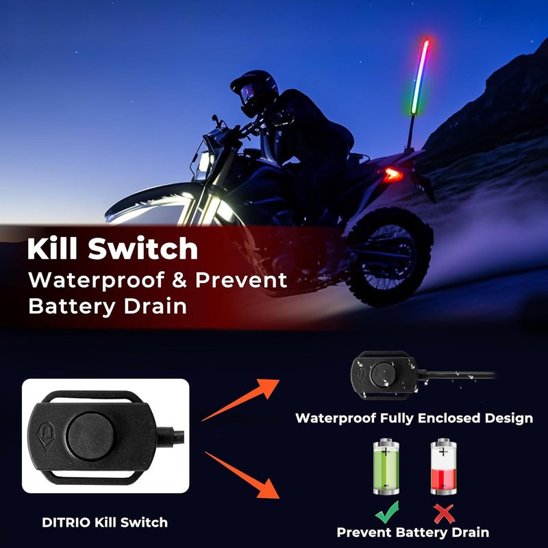 DITRIO 2 Pack 1FT Motorcycle Lights with 4 Flags, LED Light with App & Remote Control, Spiral Music RGB Chasing Whip, Side by Side Lights for Motorcycles - Image 4